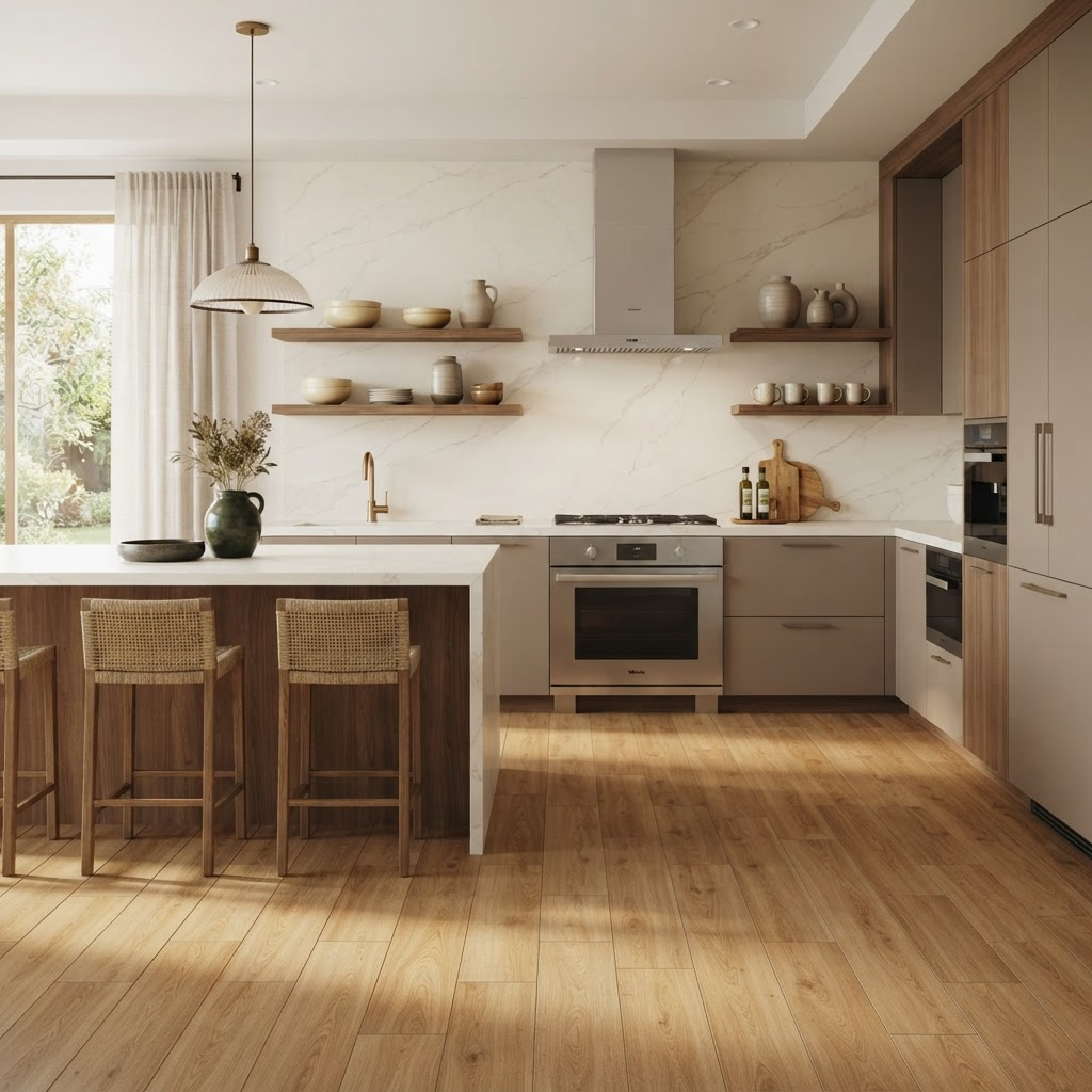 Bucătărie cu pardoseală ceramică cu aspect de lemn