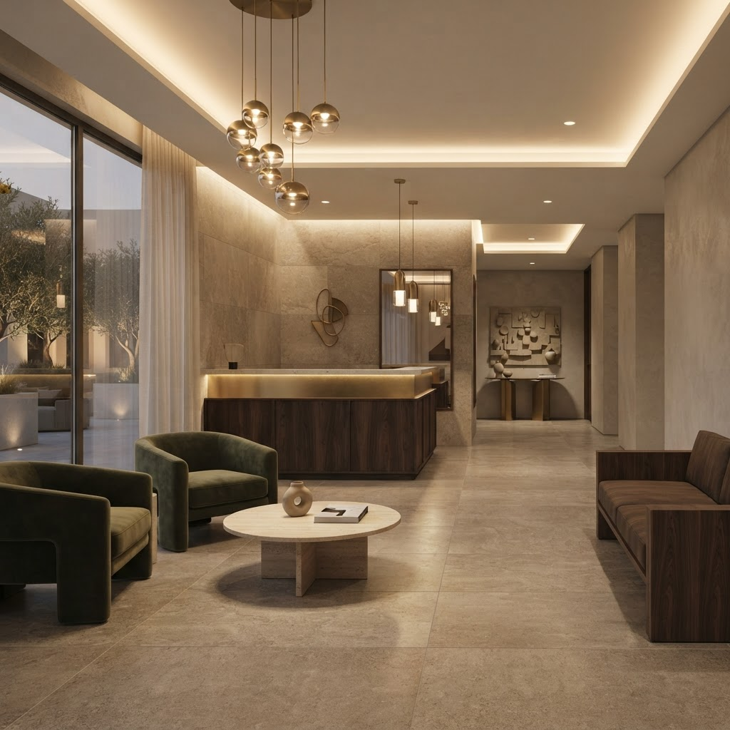 Lobby de hotel boutique finisat cu ceramică de format mare