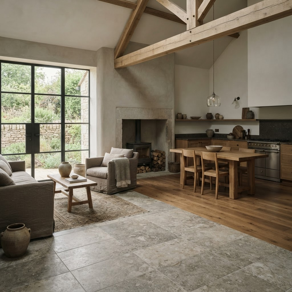 Interior de casă cu pardoseală ceramică și lemn de stejar