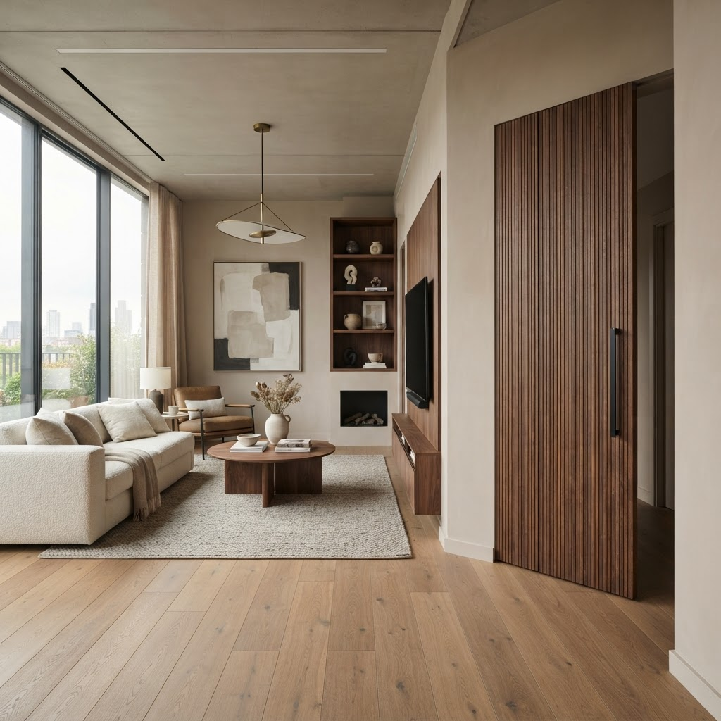 Living de apartament finisat cu parchet din stejar și ușă la comandă