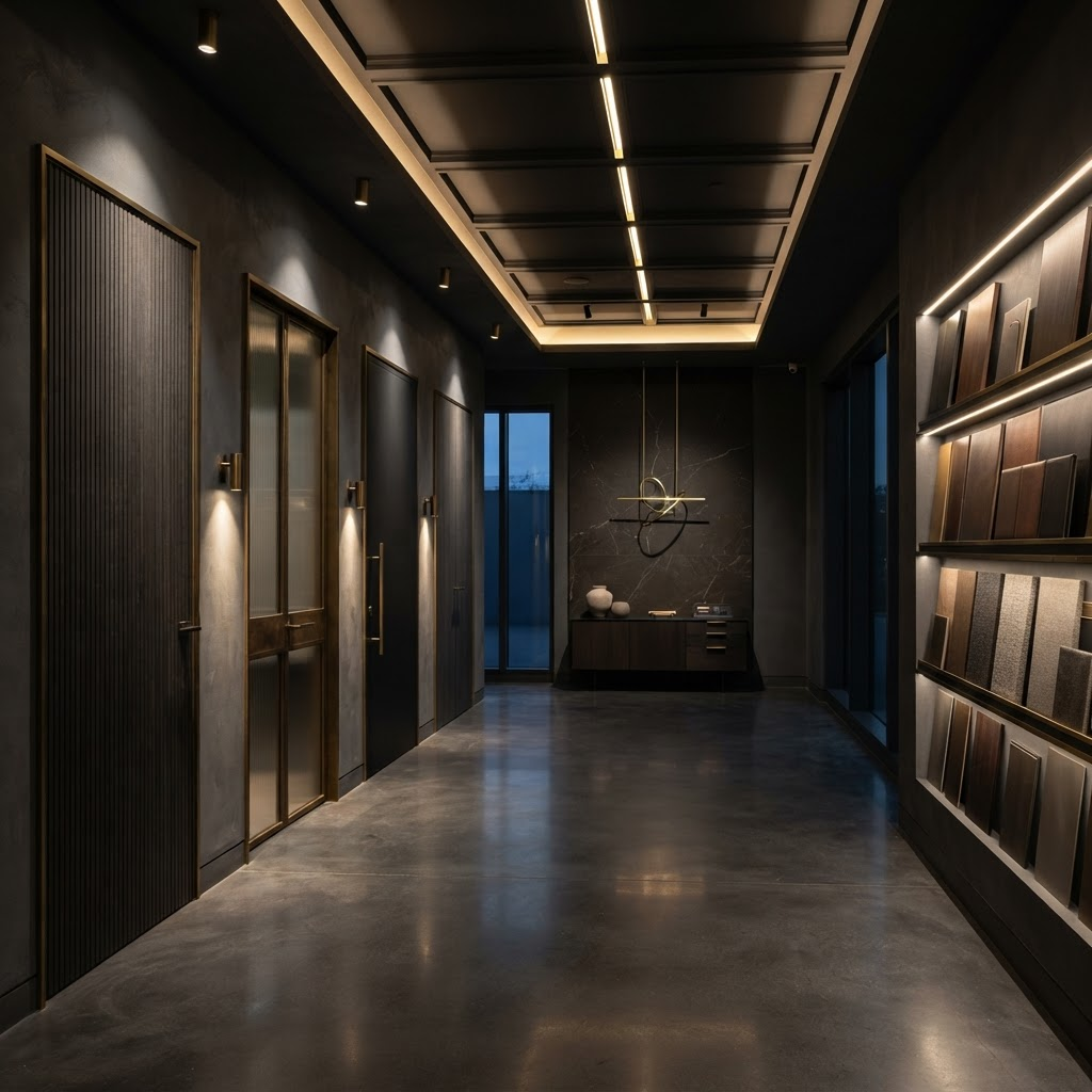 Showroom premium Gioia Casa, spațiu întunecat cu uși la comandă